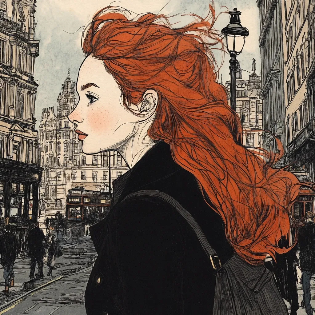 Here's a description of the image:

The illustration showcases a young woman with vibrant, windswept ginger hair, her profile facing left. She's dressed in a dark, buttoned coat and carries a dark bag slung over her shoulder.  The background is a detailed cityscape, suggesting a European setting, with tall buildings, a vintage double-decker bus, and pedestrians subtly rendered in the background. The style is a blend of pen and ink with watercolor washes, creating a slightly melancholic yet atmospheric scene. The overall mood is one of quiet contemplation amidst urban life.