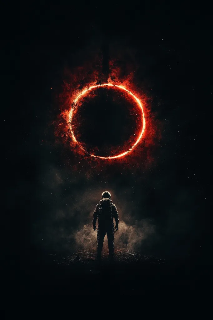 The image depicts a lone astronaut standing on a dark, possibly alien, landscape.  Above, a fiery ring, resembling a blazing celestial halo or portal, dominates the inky black sky scattered with distant stars.  The astronaut's back is to the viewer, creating a sense of mystery and isolation.  The overall mood is one of awe, wonder, and perhaps apprehension, suggesting a journey into the unknown. The contrast between the dark figure and the vibrant ring is striking.