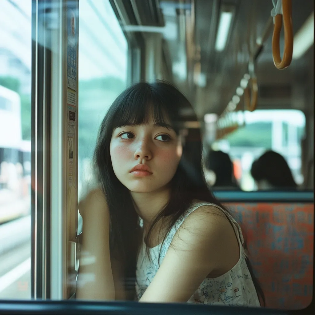 A young woman with dark hair and bangs sits on a public transport vehicle, gazing pensively out the window.  The image is slightly blurred, giving it a dreamy, nostalgic quality.  She's wearing a light-colored sleeveless top and appears calm, possibly lost in thought.  The setting suggests a journey, possibly on a train or bus, with blurred outdoor scenery visible through the window. The overall mood is quiet and contemplative.