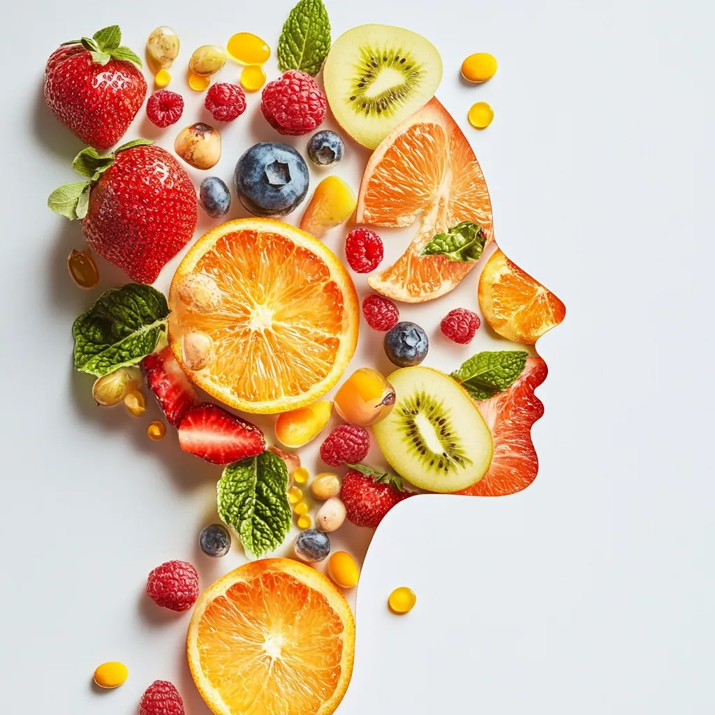 Here's a description of the image:

The image depicts a stylized female profile silhouette cut out of a white background.  Within the silhouette, a vibrant collection of fresh fruits, including oranges, strawberries, kiwi, raspberries, and blueberries, are artfully arranged.  Scattered amongst the fruit are small, yellow capsules, possibly vitamins or supplements.  Fresh mint leaves add a touch of green to the composition. The overall effect is a striking visual representation of healthy eating and wellbeing.