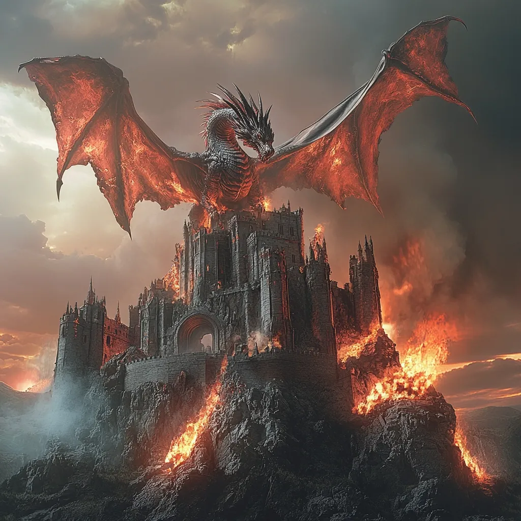 A majestic, fiery red dragon, with immense wings ablaze, dominates the scene.  It perches atop a large, gothic castle engulfed in flames. The castle, built on a craggy, volcanic peak, is crumbling under the dragon's fiery presence.  A dramatic, stormy sky forms a backdrop to this apocalyptic scene, creating a powerful image of destruction and fantasy.