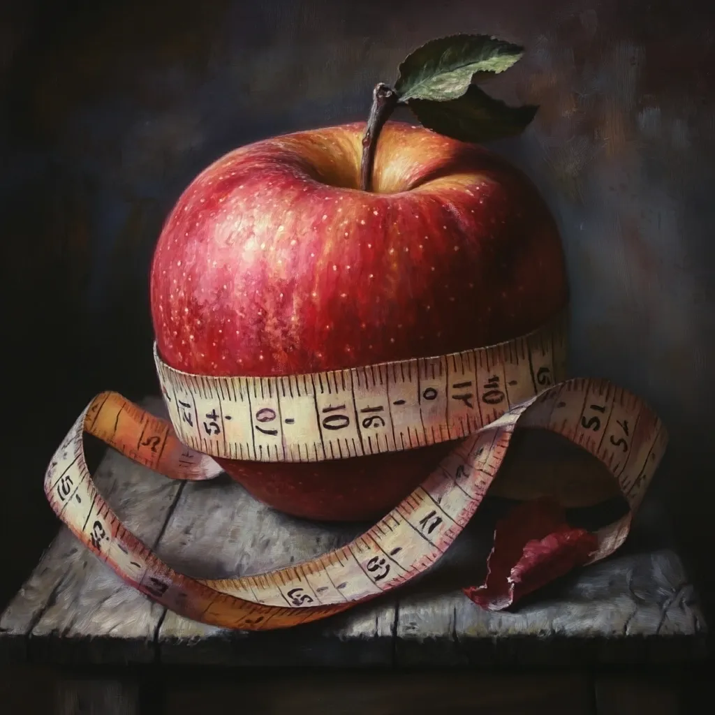 A meticulously painted still life features a vibrant red apple encircled by a vintage measuring tape.  The tape, worn and slightly frayed, suggests themes of measurement, portion control, or perhaps the passage of time. The apple, with its stem and leaf intact, sits on a rustic wooden surface, adding to the image's overall sense of quiet contemplation and potential symbolism related to health or diet.  The dark background enhances the apple's color and texture.  The painting's style is realistic with a focus on detail and texture.