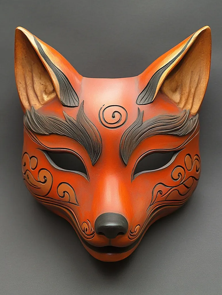 A striking orange Kitsune mask dominates the image.  Intricate dark brown and gold detailing adorns the mask, featuring stylized fur, swirling patterns, and a central spiral on the forehead.  The mask is crafted with a realistic fox-like face, large pointed ears, and a subtly smiling expression.  Its rich color and detailed artistry suggest a handcrafted, possibly ceremonial or theatrical, origin. The mask rests against a muted grey background, making its vibrant hues stand out.