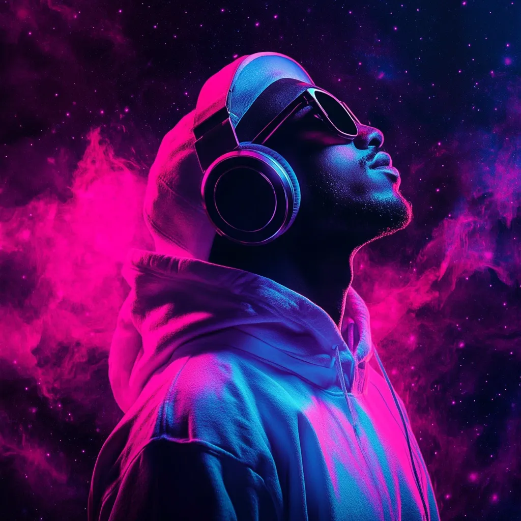 Here's a description of the image:

The image showcases a young man, possibly a musician or DJ, bathed in vibrant pink and blue neon light. He's wearing a white hoodie, sunglasses, and large, over-ear headphones, his head tilted back slightly as if lost in the music.  The background is a dramatic, dark cosmos speckled with stars and swirling nebulae, mirroring the otherworldly feel of the lighting on the subject. The overall aesthetic is futuristic and stylish, blending music, fashion, and a sense of cosmic wonder.