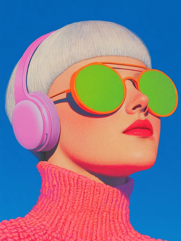 Here's a description of the image:

The illustration showcases a woman with a short, blunt blonde bob, wearing oversized, round, bright green sunglasses with orange frames. She also sports light pink headphones and a vibrant coral turtleneck sweater. Her lips are a bold red. The background is a solid, bright blue, creating a striking contrast with the woman's outfit and accessories. The style is bold and graphic, reminiscent of pop art or digital illustration, with a strong focus on color and shape. The overall impression is one of stylish coolness and vibrant energy.