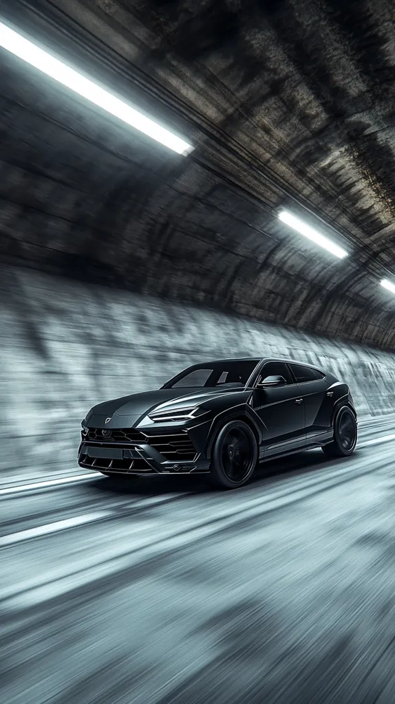 A sleek, dark-colored Lamborghini Urus SUV speeds through a dimly lit tunnel.  The motion blur emphasizes the vehicle's velocity. The tunnel's rough concrete walls and fluorescent lights create a stark contrast with the polished luxury car. The image evokes a sense of power, speed, and clandestine movement.  The focus is sharply on the car, making it the undeniable centerpiece of the composition.
