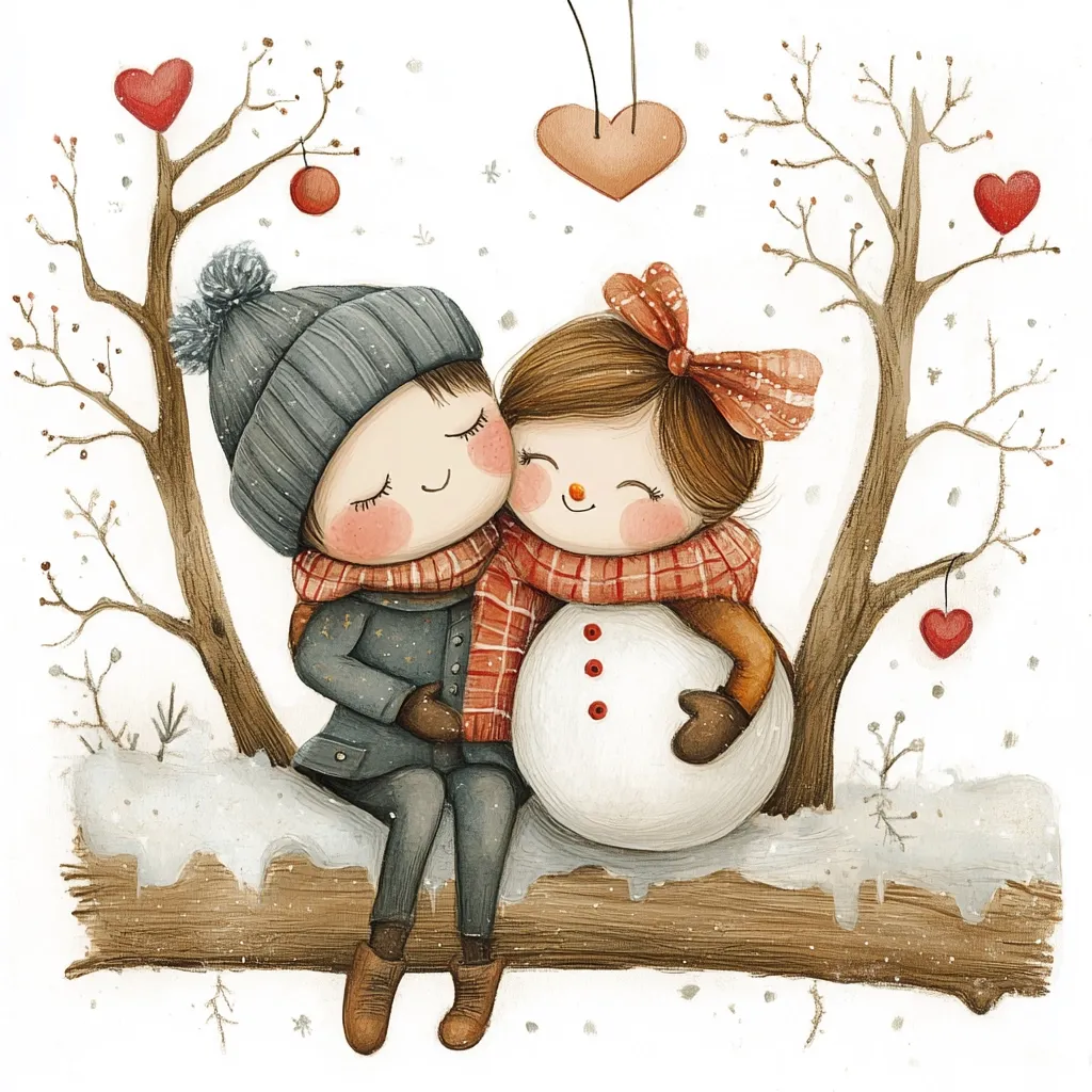 A charming watercolor illustration depicts a young couple nestled together on a snow-covered branch.  The boy, wearing a grey beanie and scarf, affectionately embraces the girl, adorned with a red bow.  Between them sits a small snowman, adding to the wintery scene.  Bare trees with hanging hearts surround them, creating a sweet, romantic, and snowy atmosphere.  The style is whimsical and heartwarming.