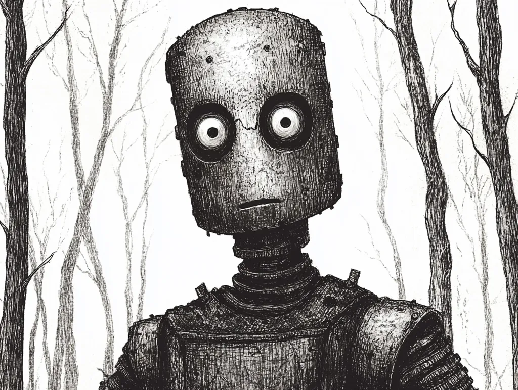 Here's a description of the image:

The monochromatic ink drawing depicts a robot standing amidst a sparse, leafless forest.  The robot's head is boxy and metallic, featuring large, expressive eyes, giving it a somewhat melancholic or curious expression. Its body is constructed of textured metal plates, suggesting wear and age. The detailed hatching and cross-hatching techniques create a sense of depth and texture on both the robot and the stark, spindly trees in the background, which serve as a stark contrast to the robot's metallic form. The overall style is dark, evocative, and slightly unsettling.