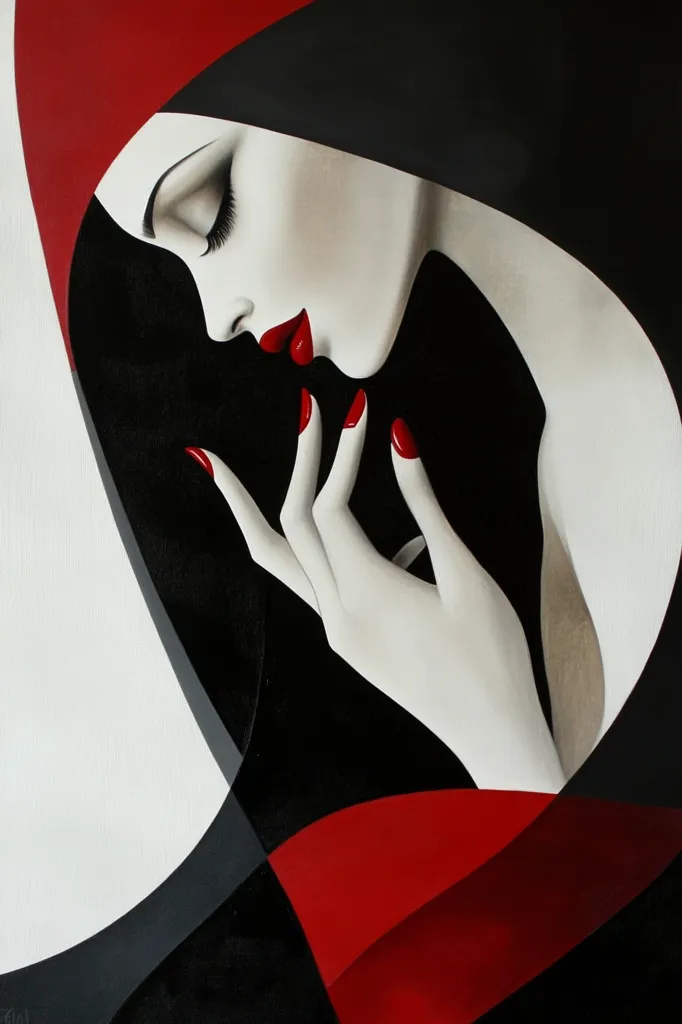 The artwork is a stylized portrait of a woman, rendered in a bold, graphic style.  Her face is pale, contrasted against a deep red hood and black background.  Her eyes are closed, and her lips are painted a vibrant red, matching her fingernails.  The overall composition uses strong geometric shapes and a limited palette of black, white, and red, creating a striking visual impact. The woman's hand is delicately posed near her face, adding a sense of introspection or contemplation.  The style is reminiscent of art deco and surrealism.