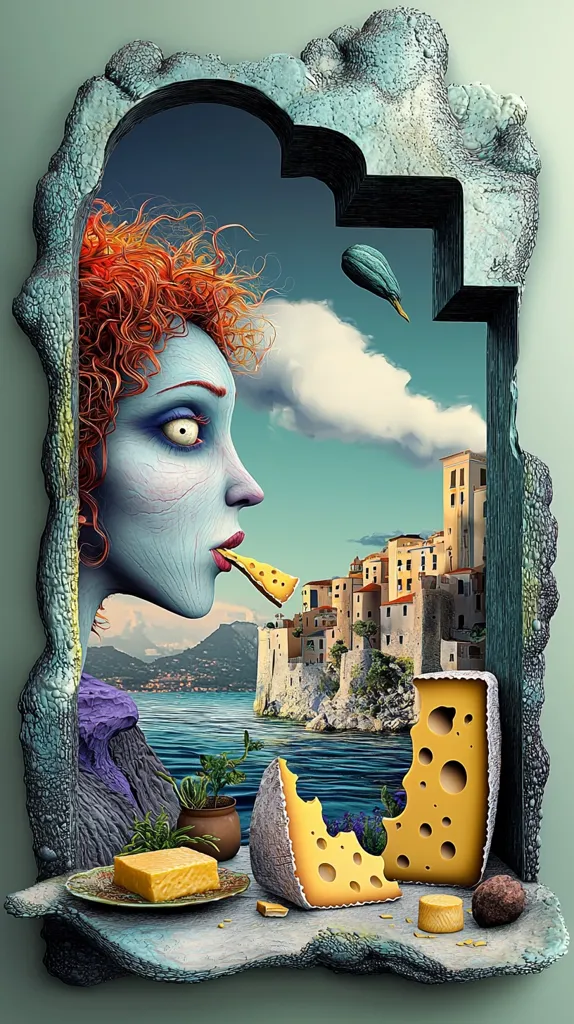 A surreal artwork depicts a woman with vibrant red hair and pale blue skin, situated within a textured, stone-like frame. She is seen in profile, seemingly enjoying a piece of cheese. The background showcases a picturesque coastal town nestled against a body of water, mountains in the distance, and a cloudy sky.  Various cheeses are displayed on a ledge below, suggesting a feast. The style is imaginative and dreamlike, blending fantasy and realism.