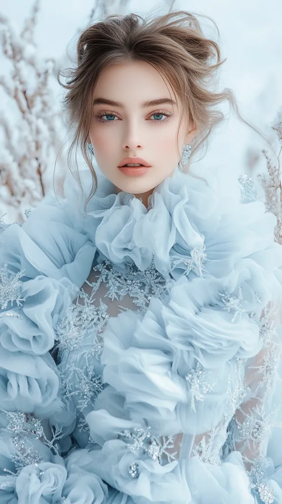 Here's a description of the image:

A young woman with light brown hair styled in a loose updo, gazes directly at the camera. She possesses fair skin, light blue eyes, and delicately sculpted features.  She wears a stunning, pale blue gown adorned with intricate snowflake-like embroidery. The dress features a voluminous, ruffled high-neck collar and bodice, creating a dreamy, ethereal effect.  The background is softly blurred, suggesting a snowy or wintery setting with frosty branches. The overall impression is one of elegance and fairytale-like beauty.