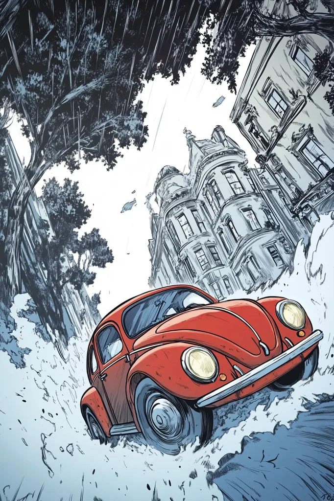 Here's a description of the image:

The illustration depicts a red Volkswagen Beetle speeding through a city street, seemingly amidst a heavy downpour. The car is rendered in detail, with splashes of water suggesting motion. The background showcases a stylized, almost sketched cityscape of European-style buildings, rendered in shades of gray, with large trees overhanging the street. The overall style is reminiscent of graphic novel art, with a dynamic composition emphasizing the car's movement and the energy of the scene.  The contrast between the vibrant red car and the muted background draws attention to the vehicle as the focal point.