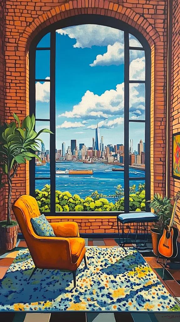 A vibrant painting depicts a sun-drenched room with a large arched window offering a stunning view of the New York City skyline across a body of water.  An orange armchair sits on a colorful rug, bathed in sunlight. A guitar rests near a small bench, adding to the cozy atmosphere.  Lush greenery complements the brick walls and the breathtaking vista beyond. The style is bold and saturated, reminiscent of a cheerful mid-century modern aesthetic.