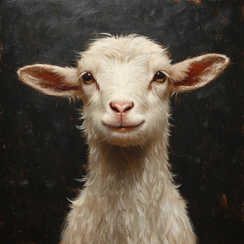 A close-up oil painting depicts a young, white goat.  Its fluffy fur is meticulously rendered, showing individual strands.  The goat's large, expressive brown eyes and slightly smiling mouth create a gentle, almost human-like expression.  The dark background provides a stark contrast, highlighting the animal's delicate features and creamy coat. The painting style is realistic, emphasizing texture and light.