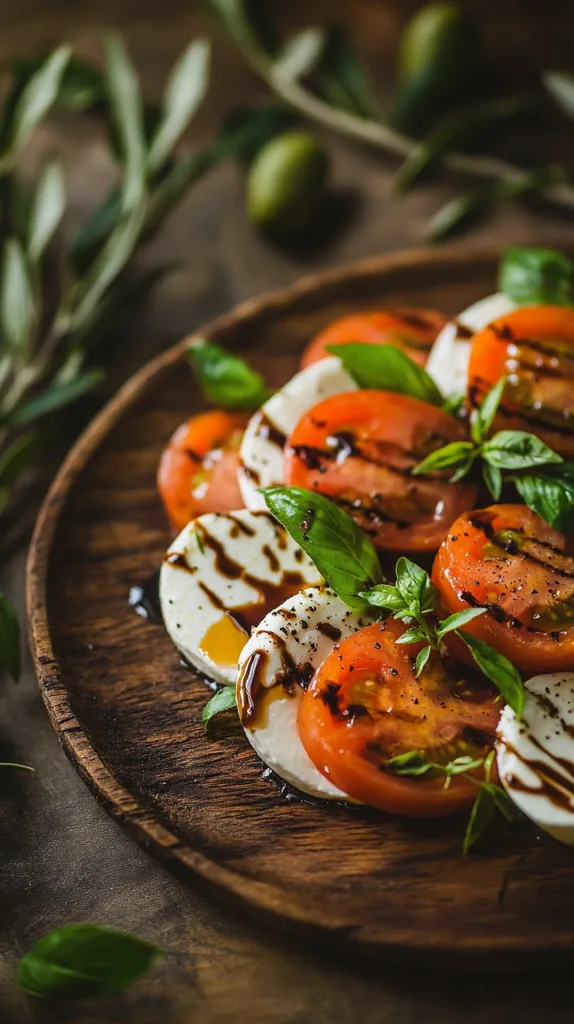Here's a description of the image:

A rustic wooden plate holds a vibrant caprese salad.  Slices of fresh mozzarella are layered with ripe, red tomato slices, and interspersed with fresh basil leaves.  A dark balsamic glaze drizzles artfully over the salad, adding a glossy sheen.  The background features blurred olive branches, enhancing the Mediterranean feel.  The overall composition is warm and inviting, showcasing the simple elegance of the ingredients.  The lighting and focus highlight the textures and colors of the salad, making it visually appealing.