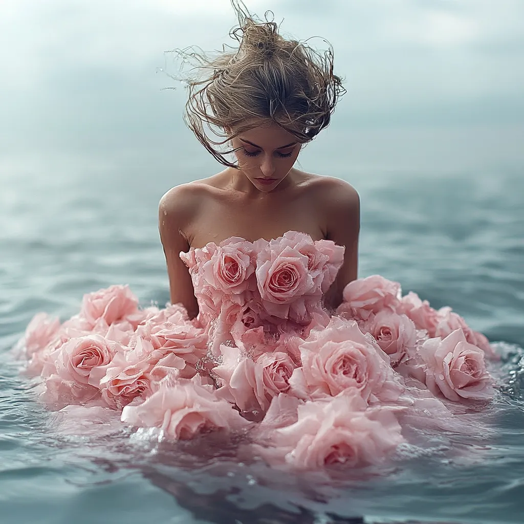 A young woman with windswept brown hair sits partially submerged in calm, grey-blue water. She wears a strapless gown adorned with numerous pale pink roses, creating a voluminous, ethereal effect.  The dress is wet, blending seamlessly with the water. Her gaze is downward, conveying a sense of melancholy or quiet contemplation. The overall mood is romantic and somewhat melancholic, capturing a moment of serene beauty amidst the water.