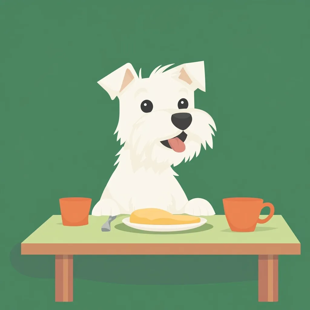 A cheerful white West Highland Terrier sits at a small, light green table.  Two orange mugs flank a plate containing a piece of yellow food, possibly a pancake or omelet. The dog looks expectantly at its meal, its tongue slightly sticking out. The scene is set against a solid green background, suggesting a simple, cartoonish style. The overall impression is one of playful wholesomeness.