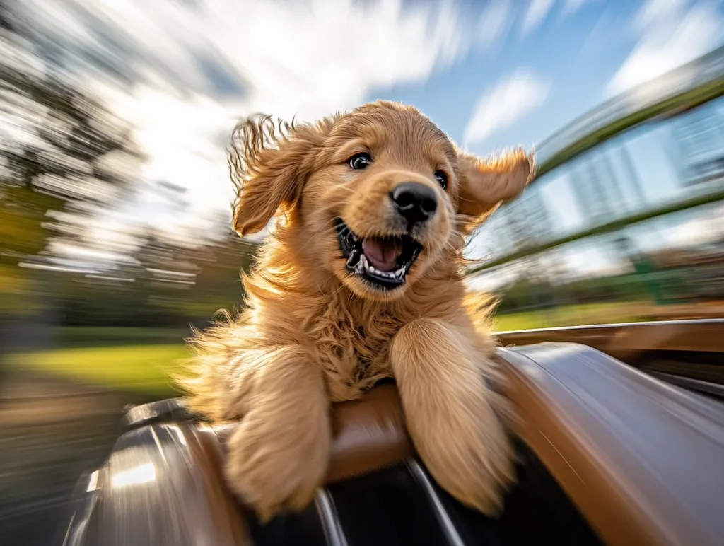 Here's a description of the image:

The photo is a dynamic, action shot of a Golden Retriever puppy enjoying a thrilling ride down a slide. The puppy's fur is windblown, its mouth open in a joyful bark, and its expression is one of pure exhilaration. The background is blurred due to motion, emphasizing the speed and excitement of the moment. The slide appears to be outdoors, with a glimpse of green surroundings and a blurred structure in the distance, possibly a playground. The overall effect is a fun, energetic image capturing the playful spirit of a puppy.