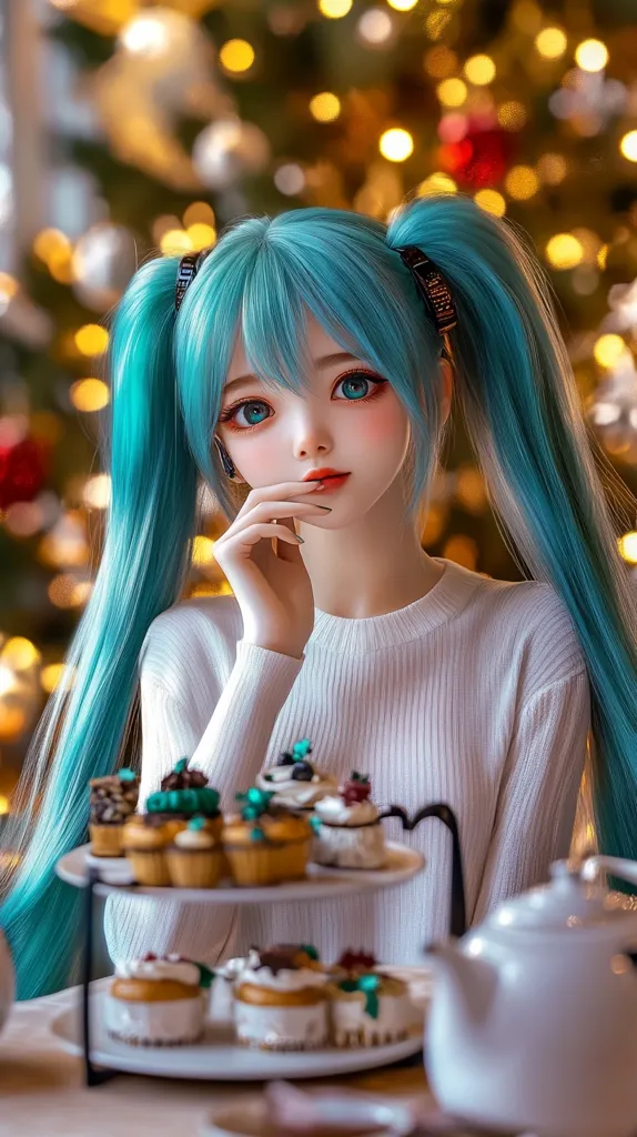 Here's a description of the image:

A stunning anime-style doll, with vibrant teal twintails secured by dark hair clips, is the focal point. She's dressed in a pristine white sweater and gazes pensively at the viewer, her hand delicately resting on her chin.  Behind her, a blurred background showcases a festively lit Christmas tree, suggesting a holiday setting.  In front of her sits a two-tiered cake stand laden with an assortment of miniature, intricately decorated pastries. A white teapot sits partially visible to the right, adding to the serene and charming scene. The overall impression is one of delicate beauty and holiday cheer.