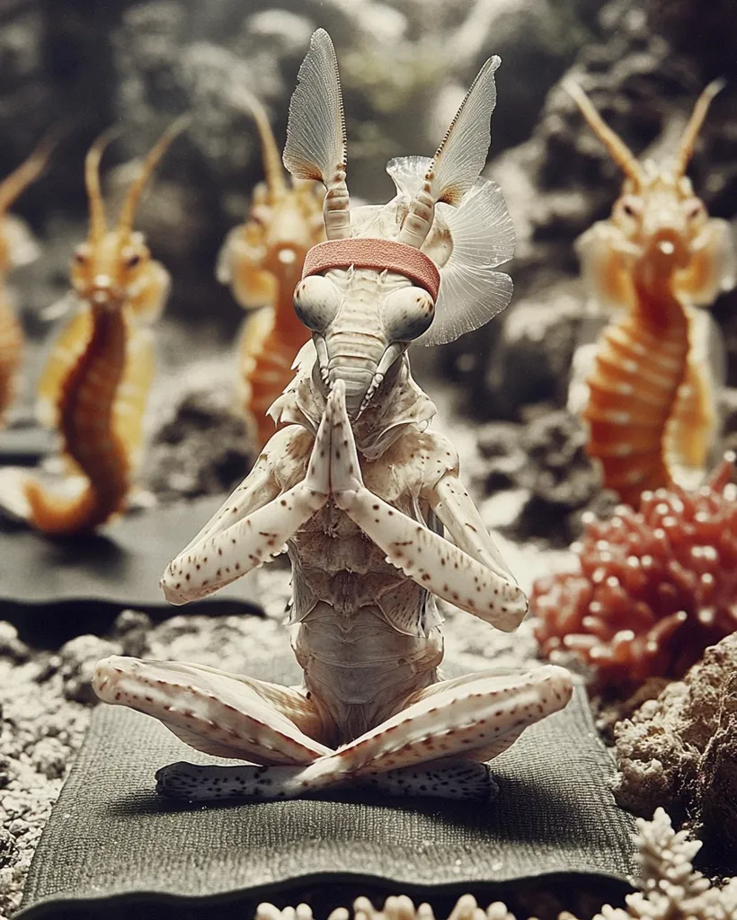 Here is a description of the image in under 100 words:

The image shows a whimsical scene of a mantis shrimp, seemingly in a meditative yoga pose, on a dark green mat.  It wears a peach-colored headband and sits among several seahorses, blurred in the background, who appear to be participating in a similar yoga session.  The setting is an underwater scene with coral and rocks, creating a surreal and humorous juxtaposition of the mantis shrimp's human-like posture within its natural environment.  The overall style is digitally enhanced, with a soft focus on the background elements.