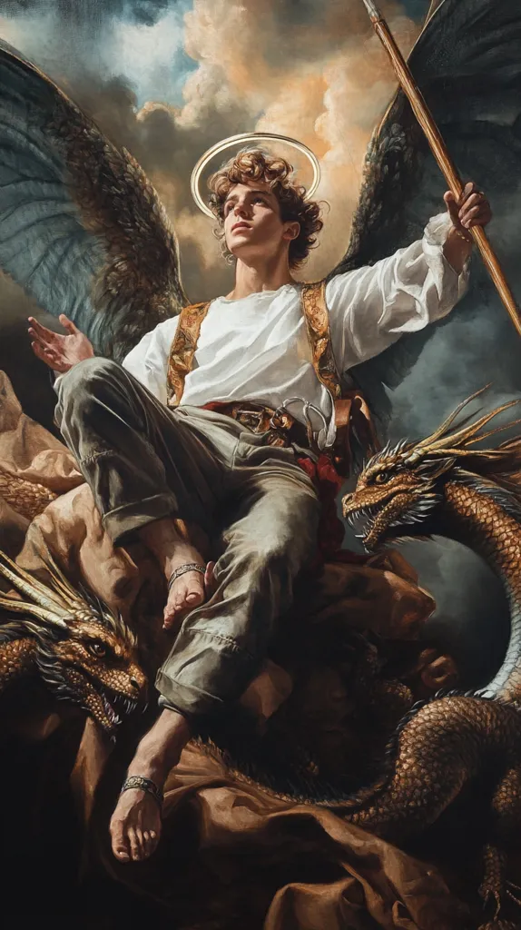 Here is a description of the image:

The painting depicts a young, androgynous angel with large, dark wings seated majestically.  He holds a long staff and wears a white tunic over loose-fitting pants.  A halo encircles his head.  Two golden dragons, one coiled around his legs, and the other partially visible at his feet, add to the dramatic and mystical composition. The angel’s expression is one of serene power, set against a backdrop of swirling clouds. The overall style is reminiscent of Baroque or Renaissance art, with rich, deep colors and dramatic lighting.