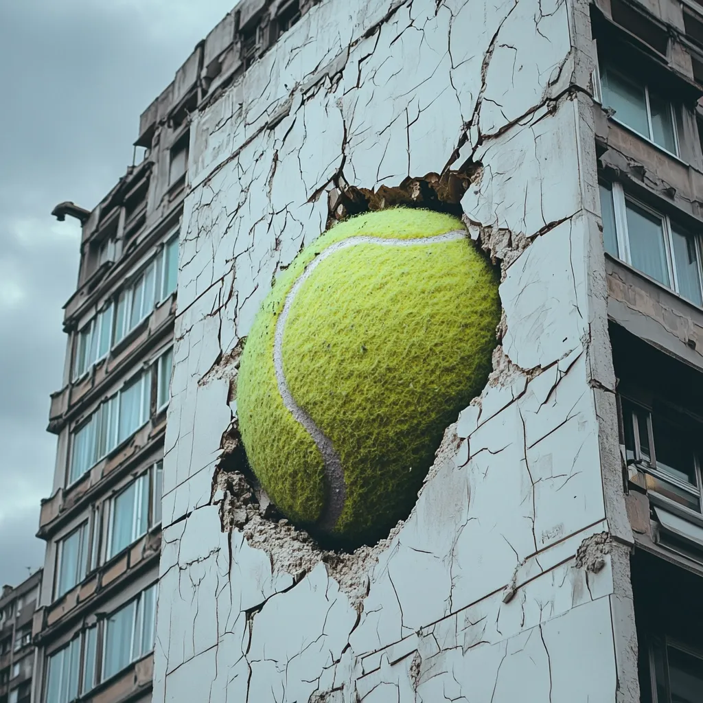 Here's a description of the image:

A large, seemingly three-dimensional tennis ball bursts through a crumbling, aged building's facade. The wall is heavily distressed, with cracks spider-webbing across its surface, suggesting significant damage.  The tennis ball's vibrant yellow-green color contrasts sharply with the muted gray and white tones of the building. The building itself is multi-storied and appears to be in a state of disrepair. The scene combines elements of street art with a sense of decay and unexpected impact.