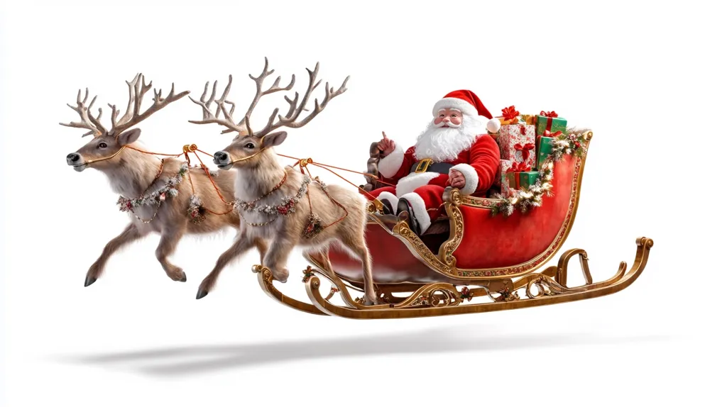 Santa Claus, jolly and robust, sits in a lavish, red sleigh laden with Christmas presents.  Two reindeer, adorned with festive garlands, pull the sleigh in flight against a stark white background.  The scene is digitally rendered, showcasing a polished and detailed depiction of a classic Christmas image. The reindeer appear to be running gracefully, creating a sense of dynamic movement.