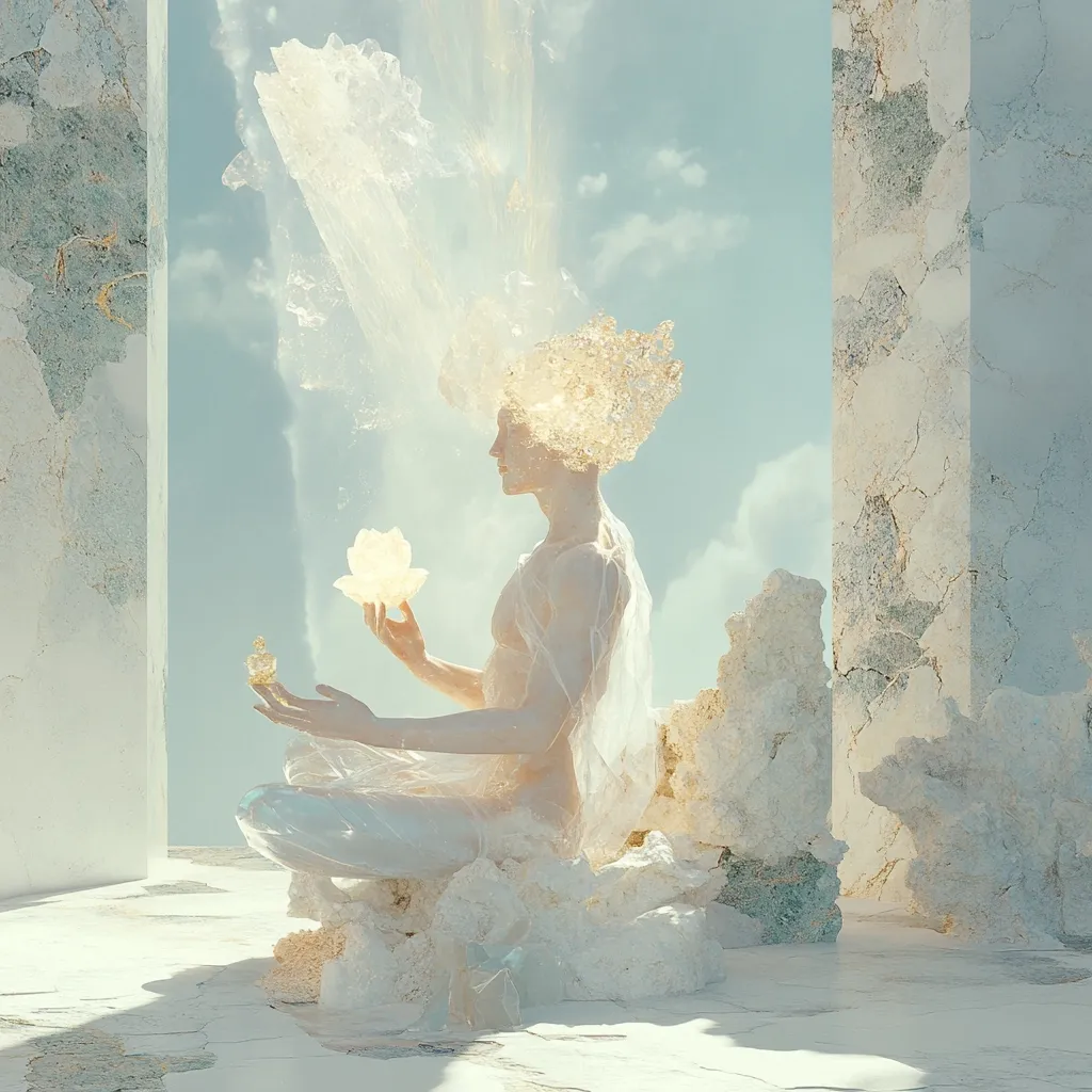 Here's a description of the image:

The artwork depicts a serene, androgynous figure seated in a meditative pose amidst a minimalist, ethereal landscape.  The figure, adorned with a golden, crystalline headdress and draped in translucent, white fabric, holds a luminous flower and a small object.  The background features crumbling white pillars and soft, pastel clouds, suggesting a celestial or spiritual setting.  The overall mood is peaceful and dreamlike, with a focus on light, texture, and a sense of otherworldly calm.  The style is digital, with a focus on soft lighting and smooth transitions between forms.