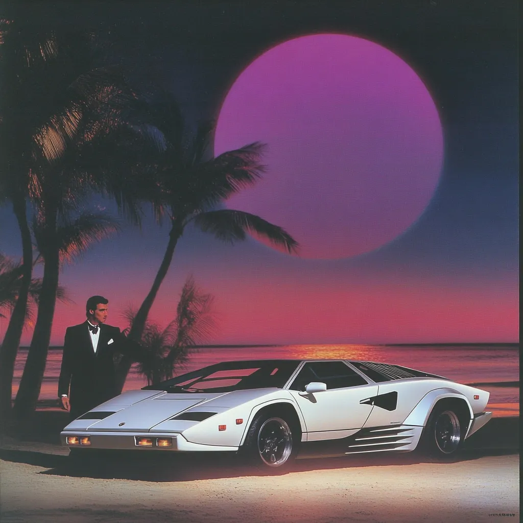 Here's a description of the image:

The image is a stylized depiction of a glamorous 1980s scene. A white Lamborghini Countach is parked on a beach at sunset, under a large, vibrant purple moon.  A man in a tuxedo stands beside the car, gazing out at the ocean. Tropical palm trees frame the scene, adding to the luxurious, almost surreal atmosphere. The colors are highly saturated, typical of 80s imagery, with deep purples, pinks, and oranges dominating the sky and reflecting on the car.  The overall feel evokes wealth, escapism, and a sense of romantic fantasy.