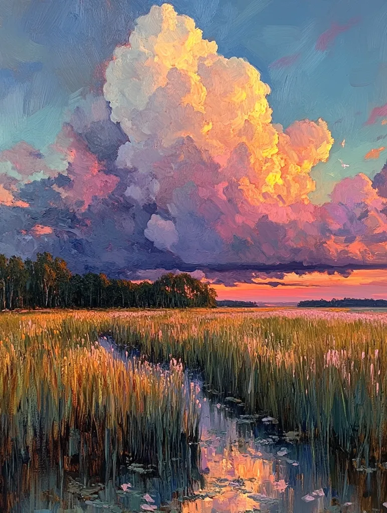 Here is a description of the image:

The painting depicts a serene marsh landscape at sunset.  A massive, vibrant cumulus cloud dominates the sky, painted in warm oranges, pinks, and purples, contrasting with cooler blues. The setting sun casts a golden light across the tall grasses of the marsh, which stretch towards a dark line of trees on the horizon. A narrow waterway winds through the reeds, reflecting the colorful sky. The impasto style of the brushwork gives the painting a textured, almost three-dimensional feel, especially noticeable in the clouds and grasses. The overall mood is peaceful and evocative of a tranquil, natural setting.