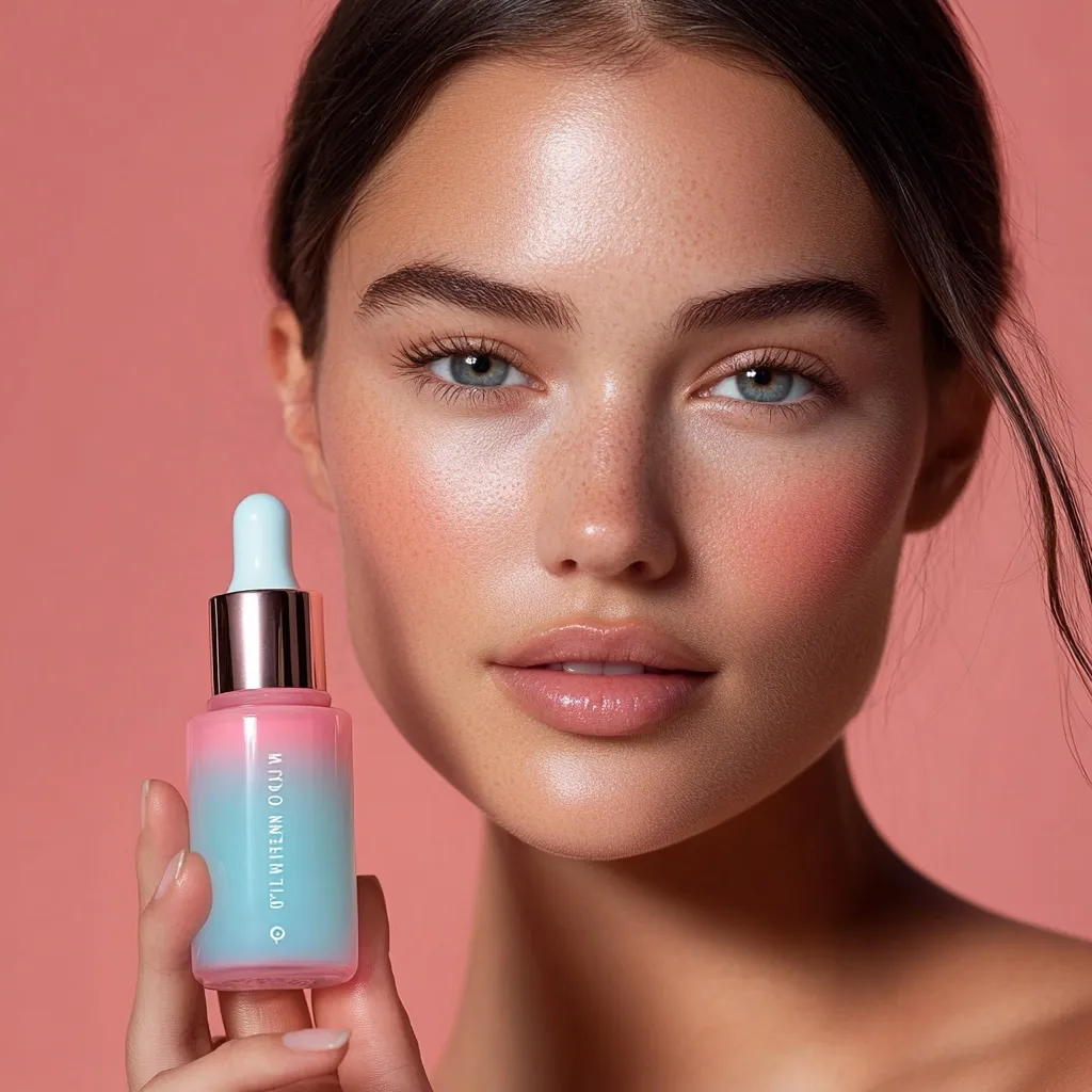 A close-up shot features a young woman with flawless skin holding a bottle of face serum.  Her complexion is radiant, with subtle blush on her cheeks and a healthy glow.  The serum bottle is pastel pink and teal, reflecting a modern and elegant aesthetic. The background is a soft, muted pink, enhancing the overall clean and fresh image. The focus is sharp, emphasizing the woman's beauty and the product she's presenting.