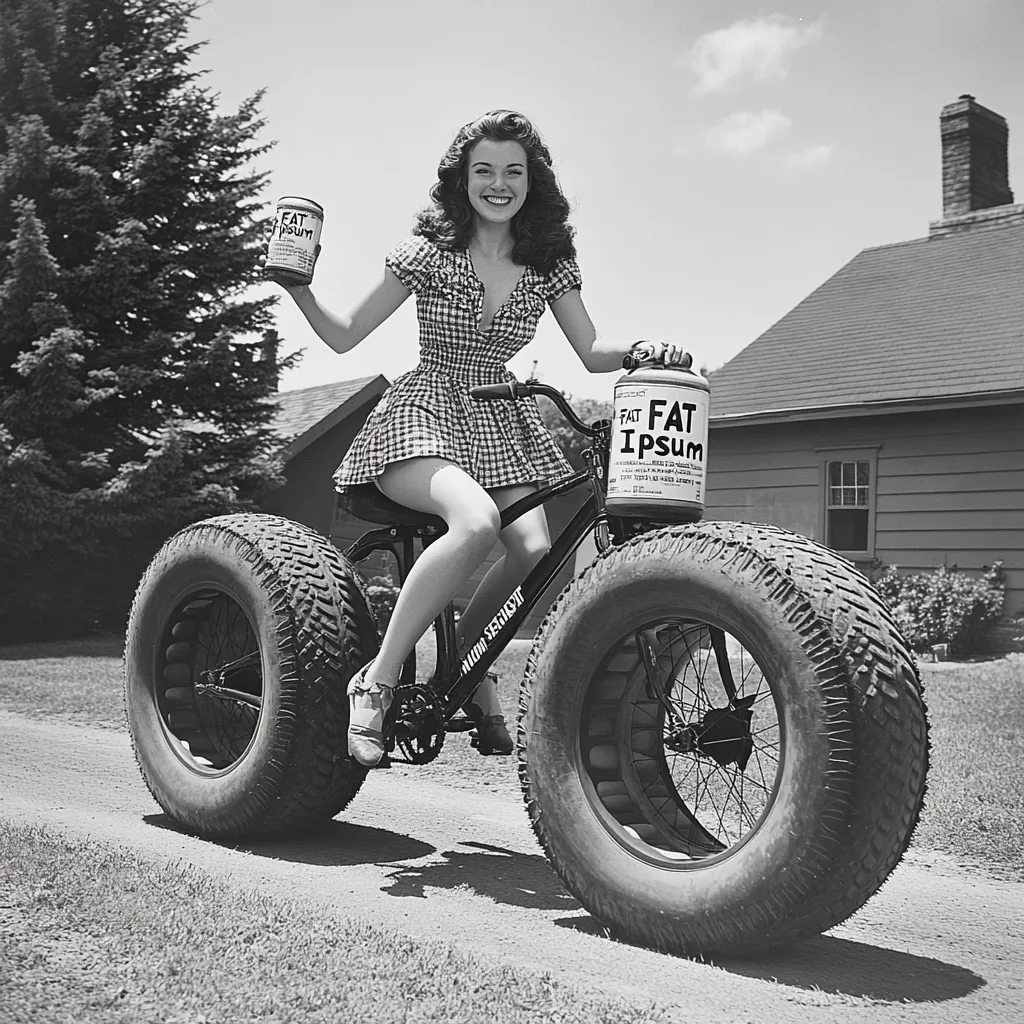 A black and white photo shows a smiling young woman with wavy hair sitting on a bicycle with oversized tires. She's wearing a gingham dress and sandals.  In her hands, she holds cans labeled "Fat Ipsum," a playful or fictional product name. The setting is a sunny suburban area with a house visible in the background.  The overall impression is one of lightheartedness and vintage advertising charm.