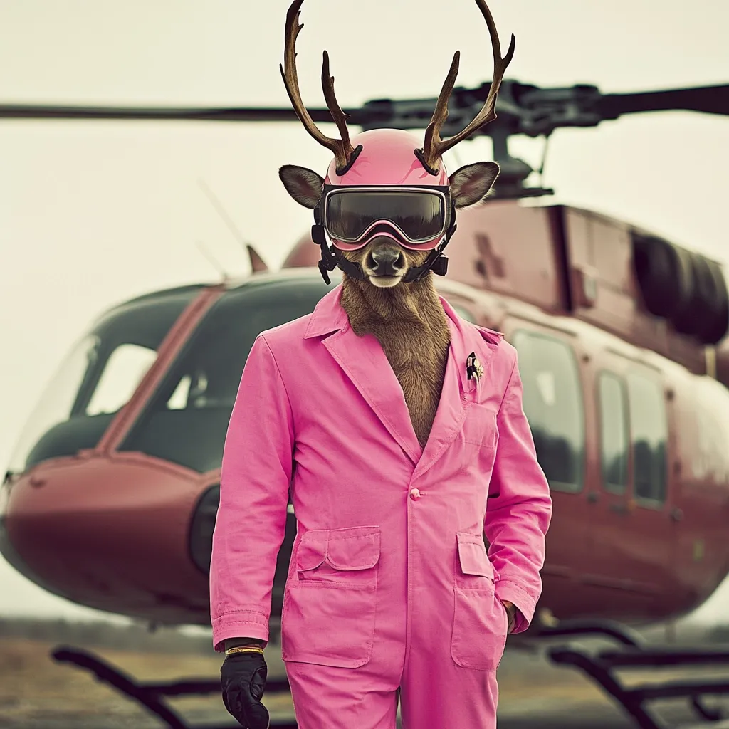 Here is a description of the image:

The photograph shows a deer, seemingly anthropomorphized, dressed in a vibrant pink jumpsuit and sporting a pink helmet with ski goggles. Its antlers are visible above the helmet. The deer stands confidently in front of a large, reddish-brown helicopter, its presence juxtaposed against the serious, almost militaristic appearance of the aircraft.  The overall style is surreal and slightly humorous, with the deer's fashionable attire contrasting with the backdrop of the helicopter. The image is well-lit, with a slightly muted color palette emphasizing the pink of the suit.
