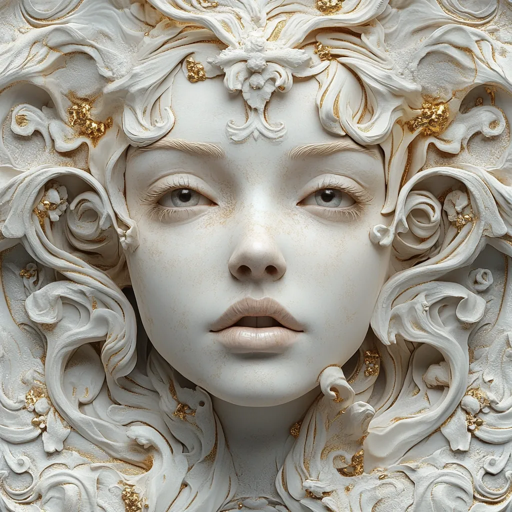 Here's a description of the image:

The image presents a close-up view of a meticulously crafted sculpture, seemingly made of white clay or plaster, depicting a woman's face. Her features are delicately rendered, with a serene expression.  Her hair is stylized as flowing, ornate swirls and curls, interspersed with small, gold flecks, creating a sense of ethereal beauty. The sculpture's overall style is reminiscent of Baroque or Rococo art, with its elaborate, flowing lines and decorative flourishes.  The gold accents add a touch of opulence and highlight the intricate detail of the work. The overall effect is one of elegance, sophistication, and artistic mastery.