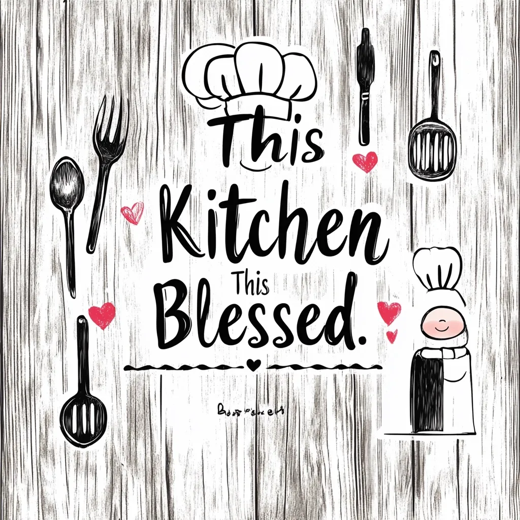 Here's a description of the image:

The image features a rustic kitchen-themed design against a wood-grain backdrop.  The central text proclaims "This Kitchen This Blessed," in elegant cursive script.  Surrounding the text are hand-drawn kitchen utensils—a spoon, fork, spatula, and frying pan—along with chef's hats and small hearts.  A whimsical, cartoonish chef figure is depicted near the bottom, adding a playful element to the overall design. The style is charming and homely, suitable for kitchen decor.