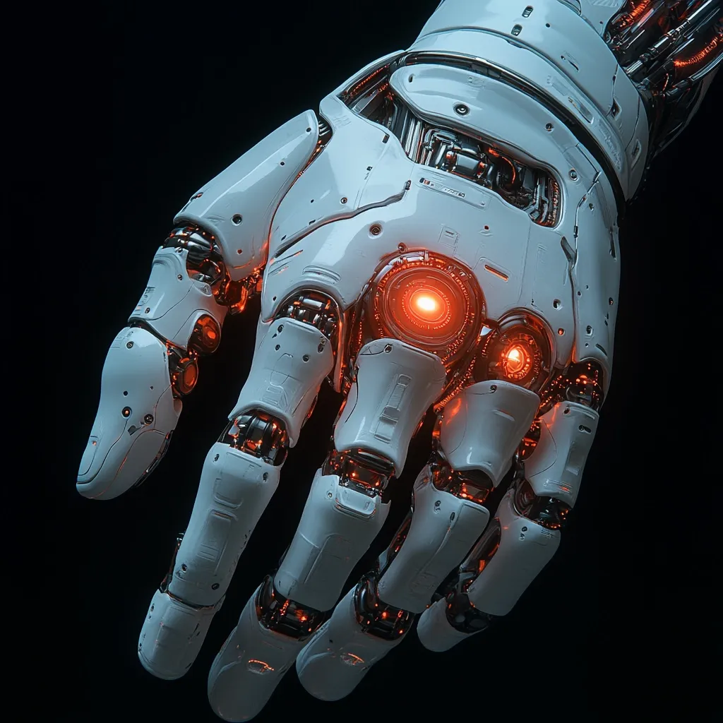 Close-up view of a highly detailed robotic hand, predominantly white with orange-red internal mechanisms glowing faintly.  The hand is articulated, showcasing intricate joints and segments.  A central, glowing red orb is visible within the palm, suggesting a power source or sensor. The overall aesthetic is futuristic and advanced, set against a dark background, highlighting the hand's metallic texture and mechanical complexity.