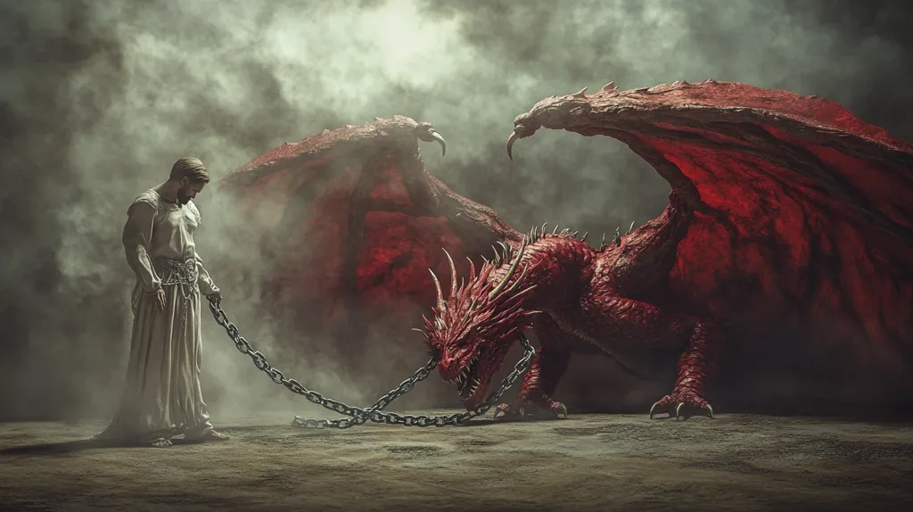 Here's a description of the image:

The image depicts a dramatic scene of a man in a flowing, light-colored robe standing before a massive, chained red dragon.  The dragon, with its immense wings partially spread, looms large, its scales gleaming subtly in the dim light.  A heavy chain connects the man to the beast, suggesting a bond of either servitude or mastery.  A smoky, atmospheric haze pervades the scene, adding to the mystical and powerful ambiance. The overall mood is one of tension, perhaps hinting at a story of a dragon tamer or an unlikely alliance.
