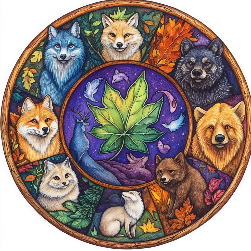 Here's a description of the image:

A circular artwork depicts a mandala-style arrangement of various animals, primarily foxes and a wolf, representing the four seasons. Each animal is situated within a segment showcasing seasonal colors and foliage:  spring's greens, summer's blues, autumn's oranges and reds, and winter's whites. A central, vibrant green maple leaf dominates, symbolizing nature's cyclical renewal.  The style is detailed and realistic, with a focus on rich color and texture. The wooden frame adds a rustic, earthy feel, enhancing the nature theme.