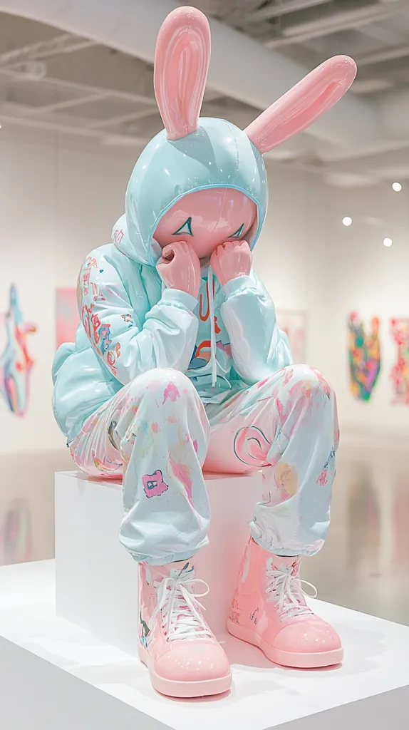 Here's a description of the image:

The photograph shows a pastel-colored sculpture of a rabbit-headed figure seated on a white cube.  The figure is dressed in a light blue hoodie and matching pants splattered with pink and white paint.  The bunny ears are large and pink, contrasting with the light blue of the head. The figure's hands are brought up to its face in a gesture that seems to be one of sadness or contemplation.  The figure wears pink high-top sneakers with similar paint splatters. The background is a blurry but visible art gallery setting with other artwork faintly visible on the walls. The overall effect is one of cute yet melancholic, childlike art.