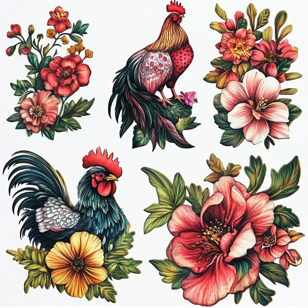 Here's a description of the image:

The image showcases a collection of meticulously rendered illustrations, likely digital paintings, featuring two roosters and four distinct floral arrangements. The roosters are depicted in vibrant detail, one predominantly red and gold, the other a dark teal and grey. Each rooster is positioned amidst lush greenery. The flowers are equally striking, exhibiting a rich palette of reds, pinks, and yellows, with various textures and petal forms suggesting different species of blooms. The overall style is ornate and detailed, suggesting a decorative or artistic purpose. The white background accentuates the vivid colors and intricate detailing of the subjects.