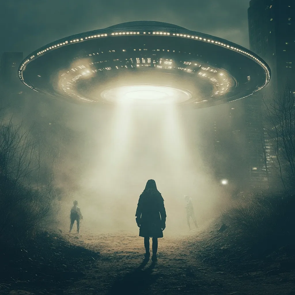 A large, classic-style UFO hovers over a dimly lit, urban landscape.  A beam of light shines down from the craft onto a desolate path.  A hooded figure stands in the beam, seemingly unafraid, while two smaller, indistinct figures are visible further away. The scene is shrouded in mist, creating an eerie and mysterious atmosphere. Buildings loom in the background, adding to the sense of foreboding. The overall mood is one of suspense and otherworldly encounter.
