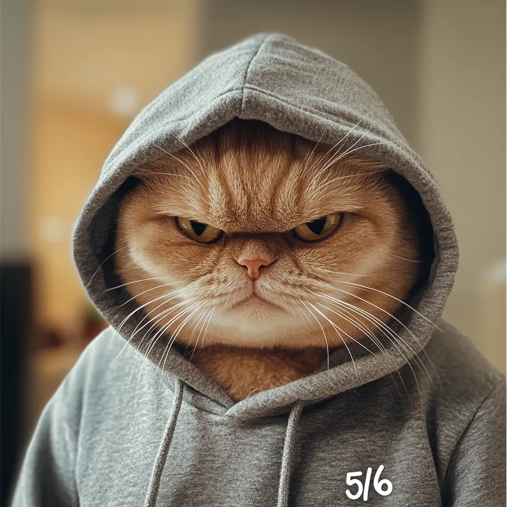 Here's a description of the image:

Close-up view of an orange tabby cat wearing a grey hoodie. The cat's expression is fierce, with narrowed eyes and a serious frown, giving it an angry or annoyed appearance.  The hoodie is pulled up, obscuring its ears, and the cat's face is prominently displayed.  The number "5/6" is subtly printed near the bottom of the hoodie. The background is blurred, suggesting a shallow depth of field, focusing attention on the cat. The overall mood is humorous, contrasting the cat's angry expression with its attire.