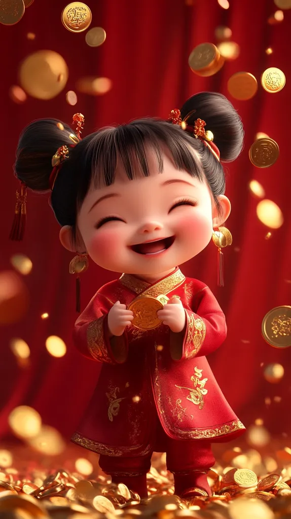 A charming, 3D-rendered illustration depicts a jubilant young girl, dressed in a vibrant red traditional Chinese outfit, surrounded by a shower of golden coins.  Her joyful expression and the rich color palette evoke a celebratory atmosphere, possibly related to Chinese New Year or a similar auspicious occasion. The girl's attire is intricately detailed, and her hair is styled in traditional updos.  The overall image is cheerful and visually striking.