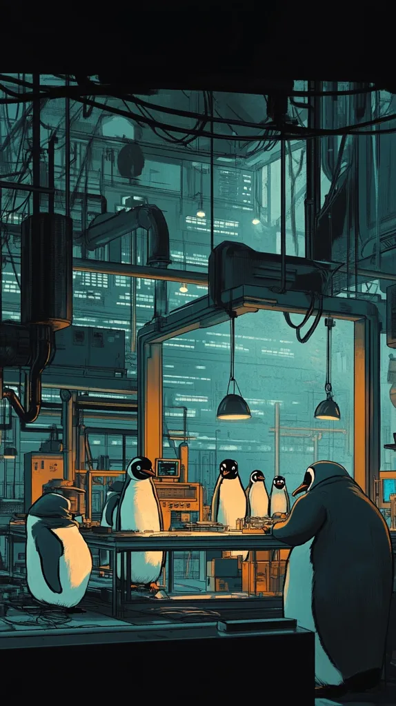 The illustration depicts a group of penguins in a dimly lit, industrial setting.  The penguins, varying in size, are seated around a table within a large, metallic room filled with complex machinery, pipes, and wires. The overall color scheme is dark teal and muted oranges, with the penguins standing out against the background. The scene evokes a feeling of mystery and perhaps a subtle steampunk or futuristic vibe.  The penguins appear to be engaged in some task or meeting, adding an element of narrative intrigue to the image.