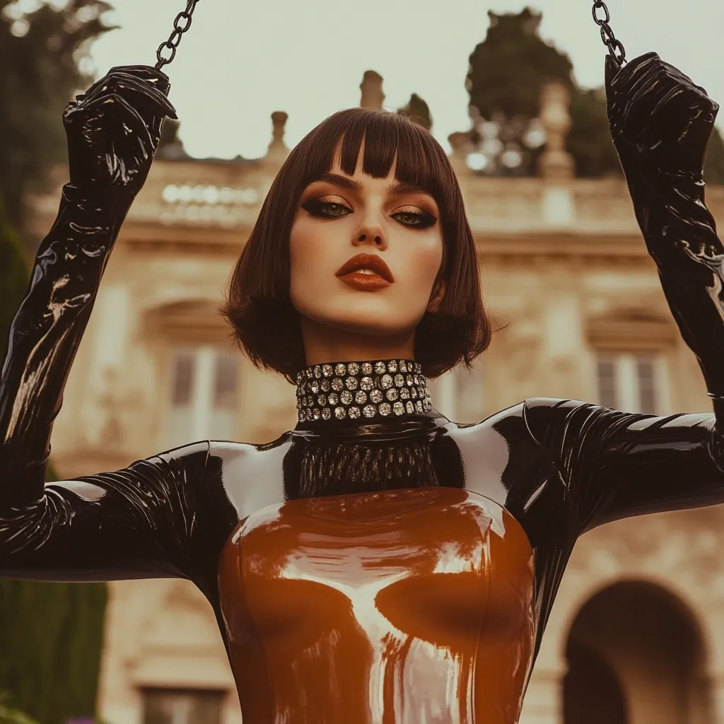 A woman with a bob haircut and striking makeup wears a glossy, two-toned latex catsuit. The top is black, while the bottom is a rich, burnt orange. A jeweled choker adorns her neck. She holds onto a chain, her long black latex gloves adding to the overall sleek, powerful aesthetic. The background features a blurred-out classical-style building, creating a contrast between modern fashion and historical architecture. The image has a vintage, high-fashion feel.