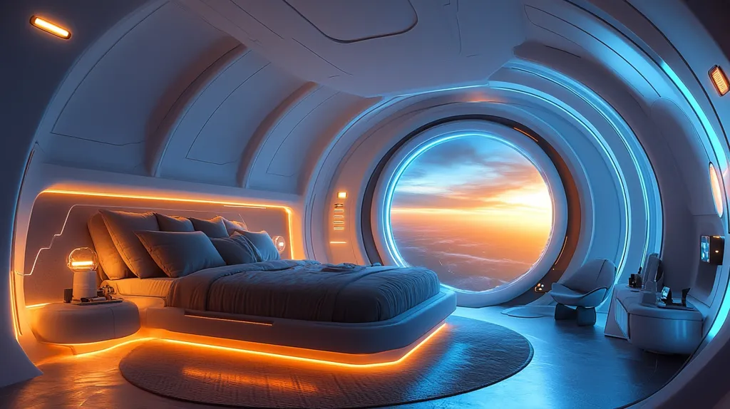 A futuristic bedroom is depicted, featuring a sleek, white bed with orange LED lighting beneath.  A large, circular window dominates one wall, offering a breathtaking view of a sunset over clouds.  The room's design is smooth and curved, with cool-toned walls accented by blue and orange lighting.  A small, modern desk and chair are situated near the window, completing the minimalist, space-age aesthetic.  The overall atmosphere is calm and luxurious.