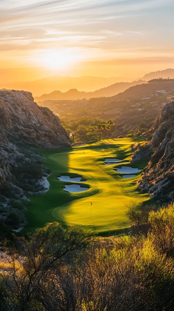 Here's a description of the image:

A breathtaking sunset bathes a picturesque golf course nestled within a rugged, mountainous landscape. The golden light illuminates the verdant greens, emphasizing the course's dramatic contours and the strategically placed bunkers.  Rolling hills and rocky cliffs frame the scene, creating a stunning contrast between the manicured fairways and the untamed natural beauty.  A few palm trees add a touch of tropical flair to the arid scene. The overall impression is one of serene beauty and challenging play in a spectacular setting.
