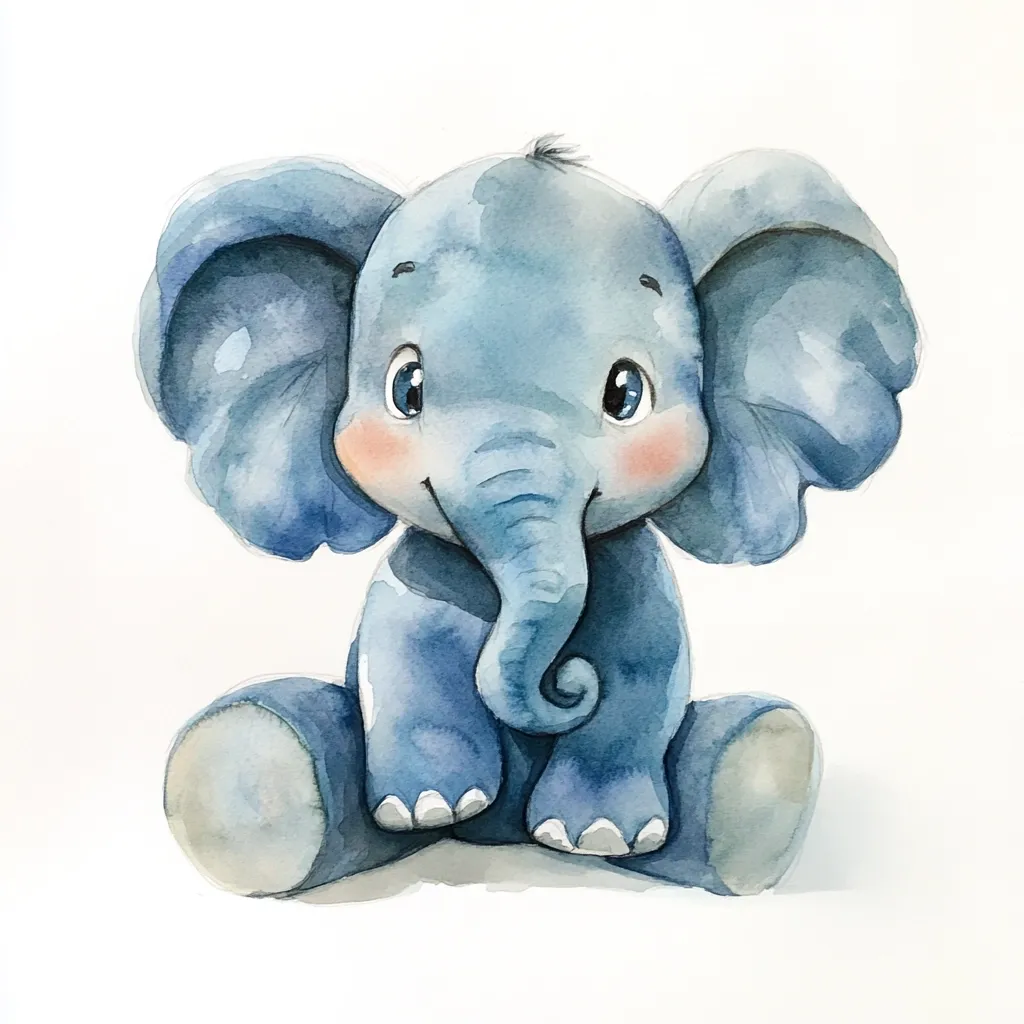 A watercolor painting depicts a charming baby elephant sitting.  Its large ears are a soft blue, complementing its similarly hued body.  Large, expressive eyes and rosy cheeks add to its adorable appeal.  The elephant's trunk is curled slightly, and its toes are delicately painted. The overall style is whimsical and gentle, perfect for a child's nursery or artwork. The background is plain white, making the elephant the clear focus.
