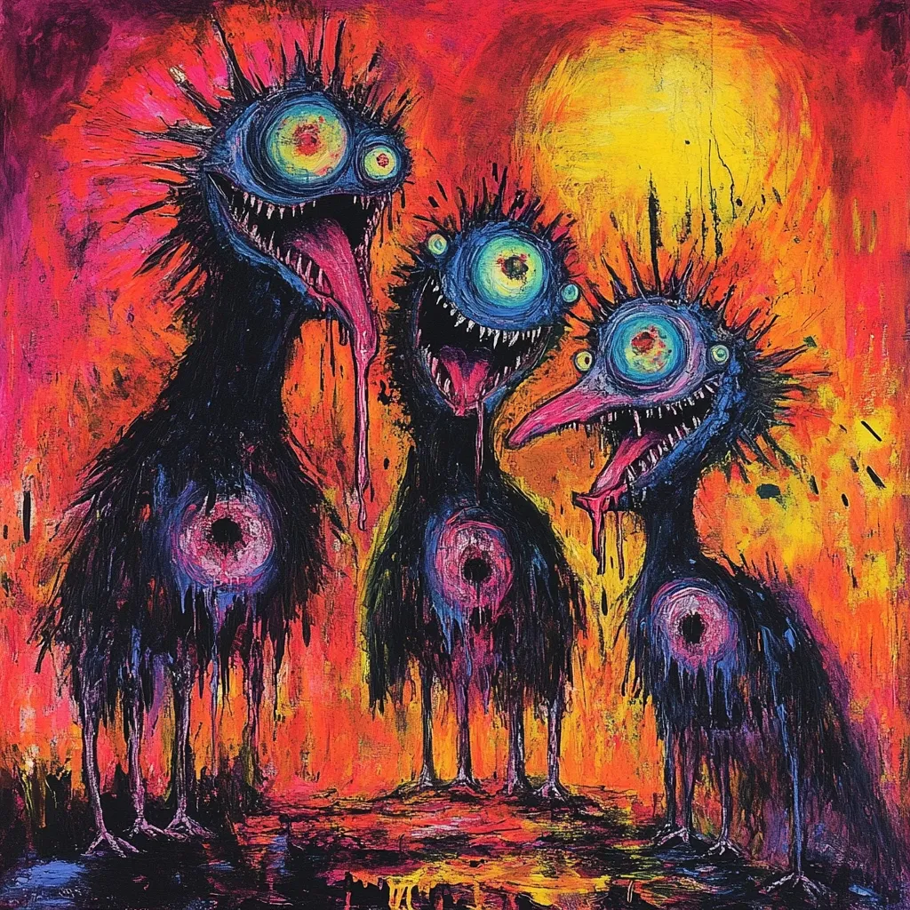 Here's a description of the image:

The painting showcases three grotesque, bird-like creatures against a vibrant, fiery orange and yellow background.  The creatures are rendered in dark blues and purples, with exaggerated features: large, bulging eyes, gaping maws revealing long tongues, and spiky plumage.  Their bodies drip with viscous, pink and purple substances. The style is intensely expressive, employing thick, impasto brushstrokes that create a textured, almost three-dimensional effect.  The overall mood is unsettling and surreal, evoking a sense of dark fantasy or nightmare.