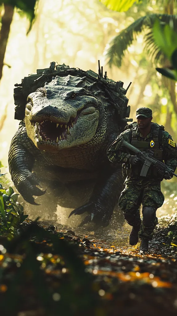 A soldier in camouflage fatigues runs through a jungle alongside a massive, heavily armored alligator.  The alligator, which appears almost robotic in its build, is larger than the soldier and moves with powerful strides. Sunlight filters through the dense foliage, casting a dappled light on the scene. The soldier carries a rifle, suggesting a perilous mission in a hostile environment. The overall impression is one of intense action and a surreal, perhaps futuristic, jungle warfare setting.